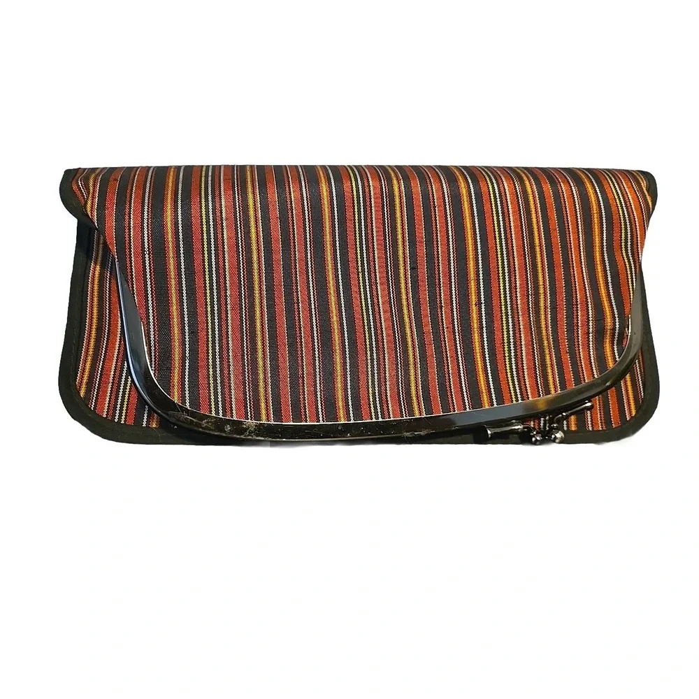 JAPANESE KIMONO VINTAGE CLASP COIN CASE  POUCH TSUMUGI  WOVEN STRIPE KISS‎ LOCK